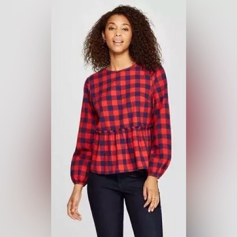 Universal Thread- Women’s Red & Navy Buffalo Plaid Peplum Top, Plus Size XXL